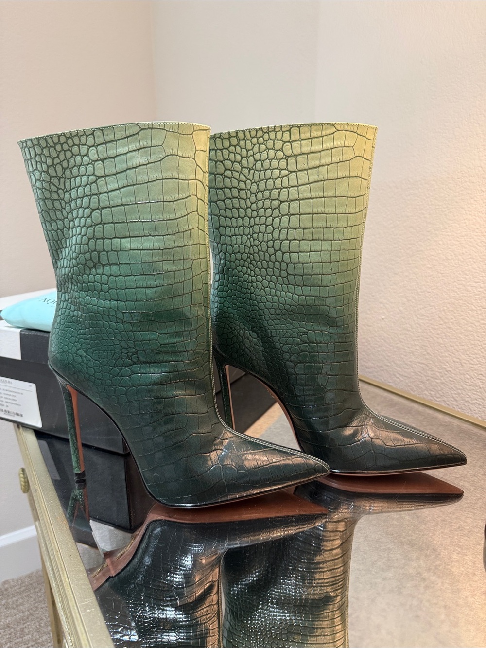 Aquazzura Ombre Green Croc-Embossed Pointed Stiletto Boots